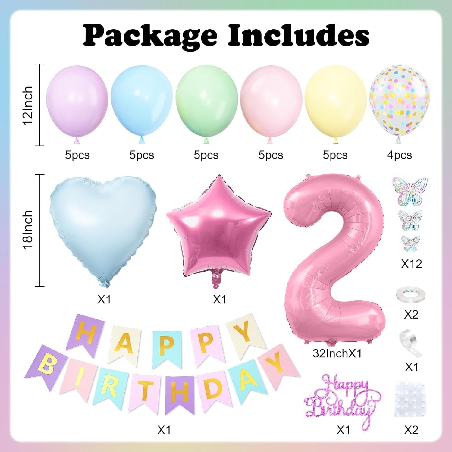 2nd Birthday Decoration for Girls,Easter Pastel Rainbow 2nd Balloon Number 2 Balloon Butterfly Stickers Star Heart Foil Balloons Banner for Baby 2 Year Old Party Decor 2nd Colorful