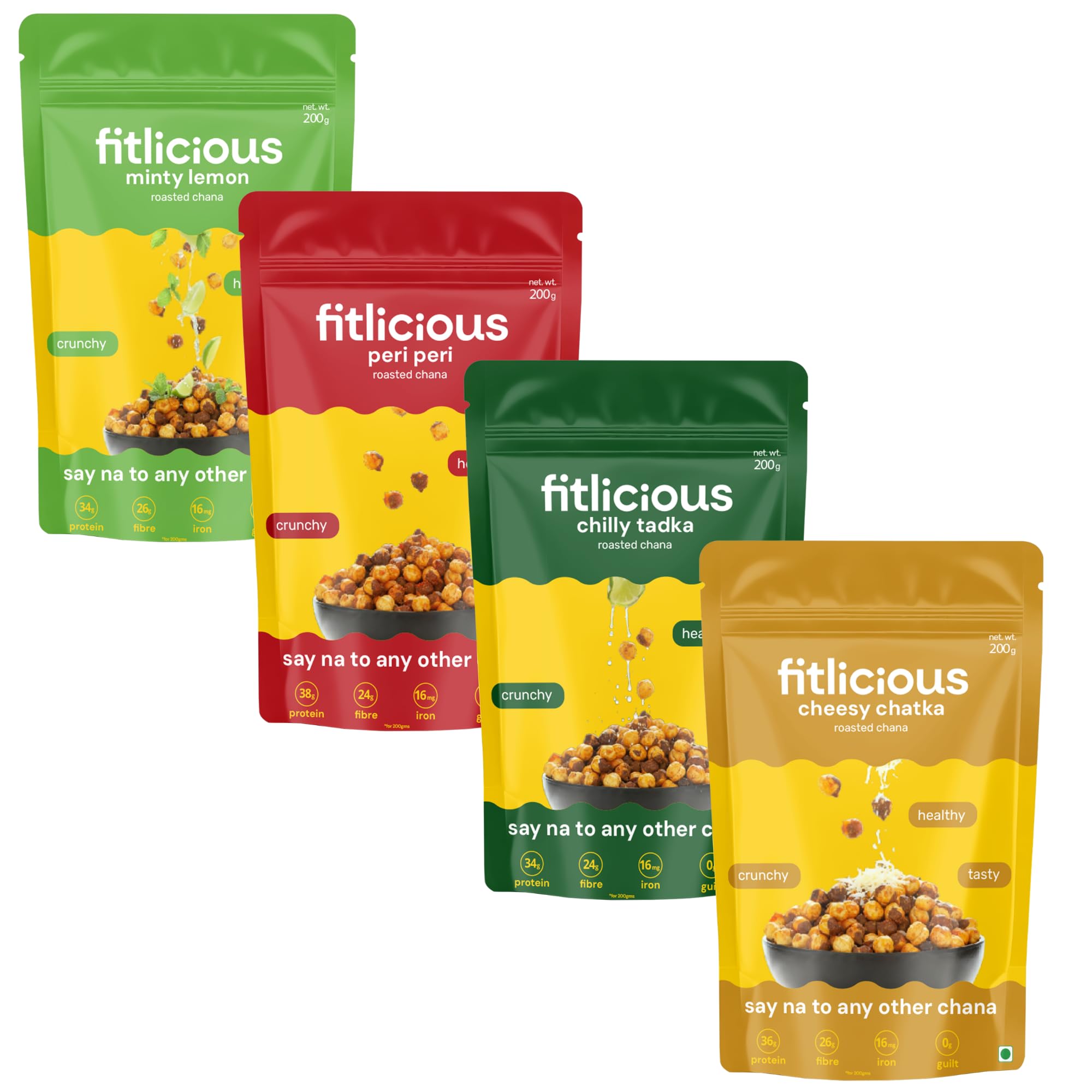 fitlicious Roasted Flavoured Channa | Protein Rich Healty Snack |Slow Roasted For Extra Crunch| Authentic Seasoning | No Artificial Flavours | Gluten Free| Pack of 2, 200 gm Each ( Cheesy Chatka,Peri Peri, Chilly Tadka & Minty Lemon)-picture-13
