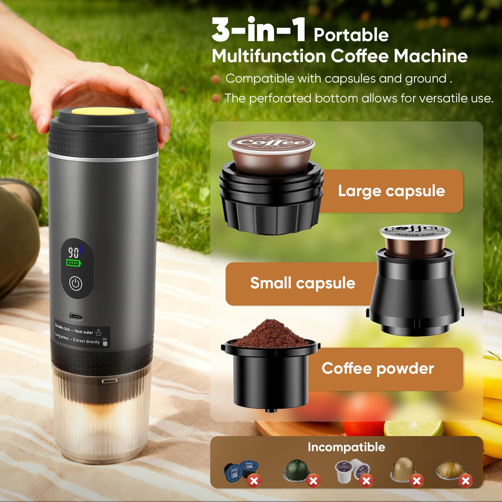 Cafetera portátil 3 en 1 con batería, con autocalentamiento eléctrico a través de USB - C, compatible con cápsulas y café molido, mini cafetera expreso para camping, coche, viaje