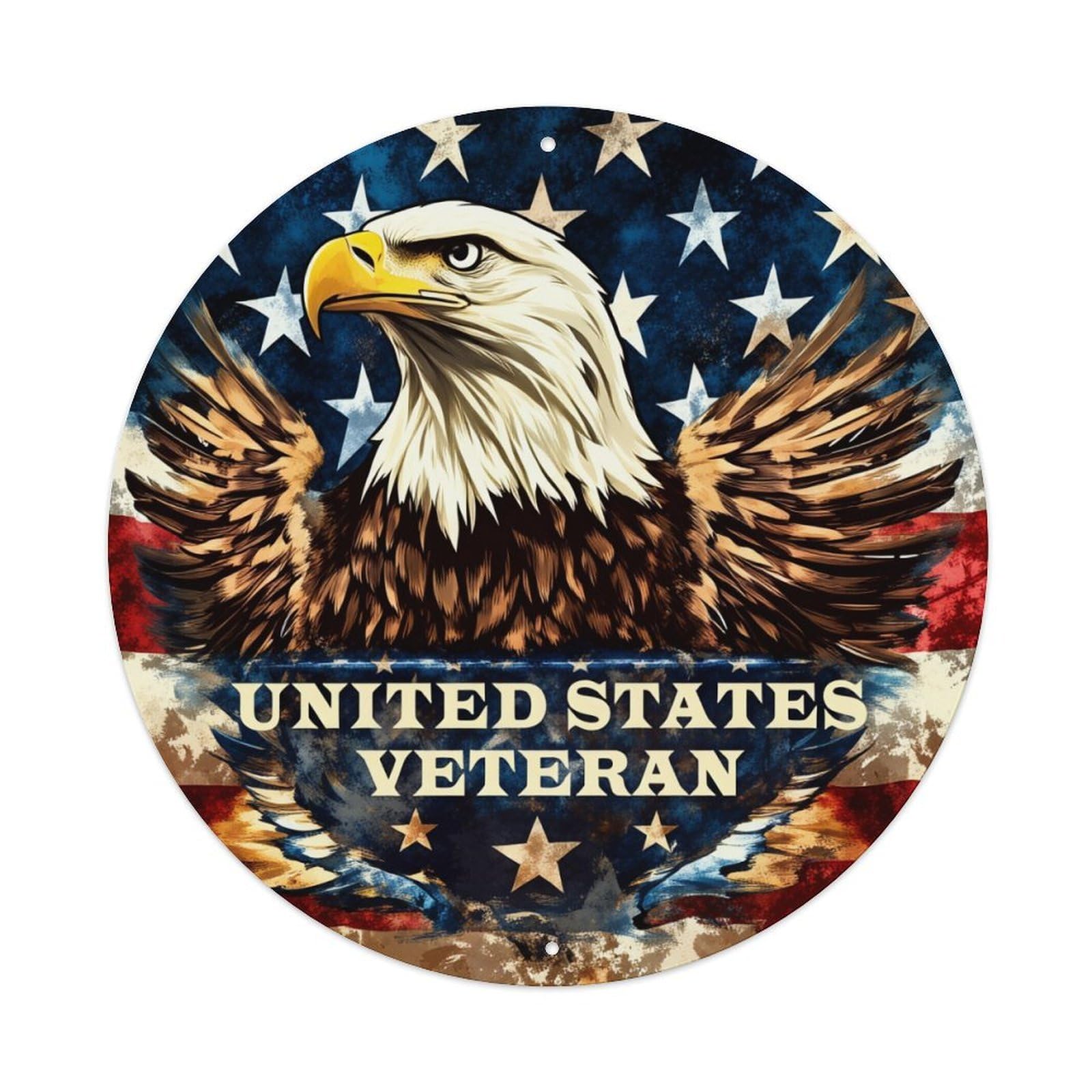 American Eagle Flag Stars Veteran Round Tin Sign Vintage Metal Poster, Home Bar Garage Man Cave Cafe Indoor & Outdoor Wall Decoration 8x8Inches