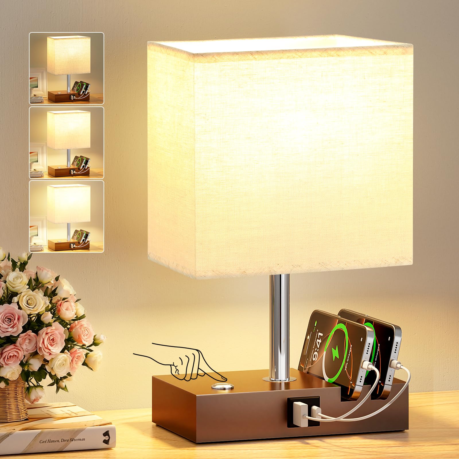 PreeOtti Brown Table Lamp for Living Room with USB A+C Charging Port