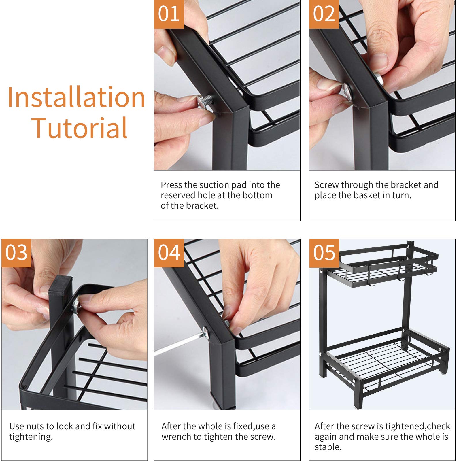 Portaspezie A 2 Piani Juehu - In Acciaio Inox Nero - Organizzatore Per Cucina Con Ganci - Capacità 20kg - Foto 6