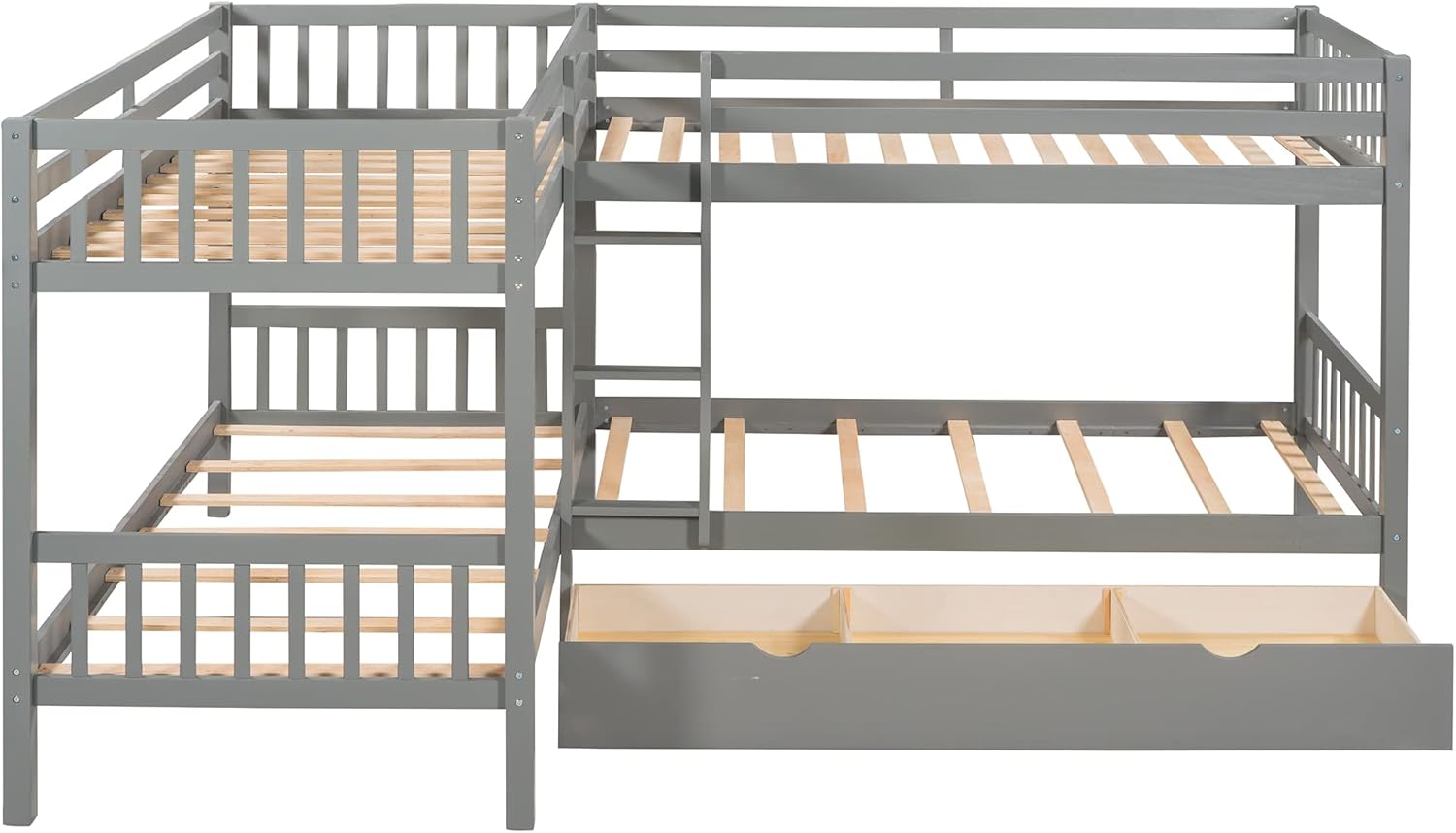 L-Shaped Bunk Beds for 4, Quad Bunk Beds Twin Over Twin with Storage Drawers, Wooden Twin Bunk Bed Frame with Guardrails and Ladder for Kids Boys Girls Teens Adults, No Box Spring Needed, Gray