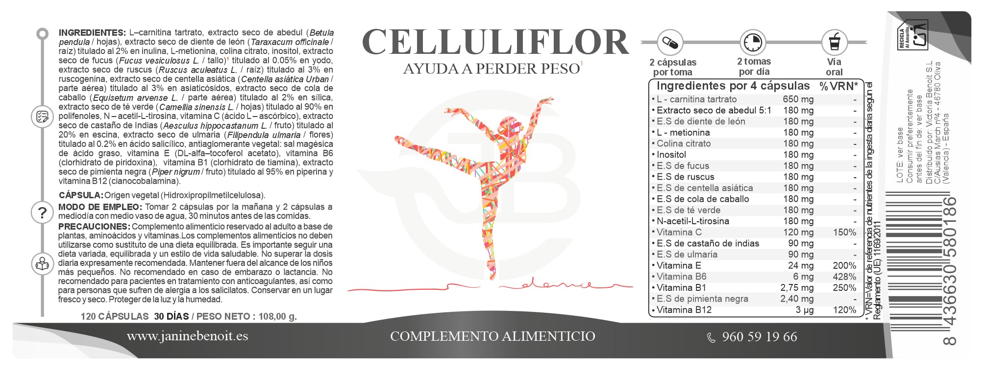 Celluliflor | Con L-Carnitina, Fucus, Centella Asiática y Té Verde | Drenaje, Metabolismo y Cuidado de la Piel | Retención de Líquidos | Celulitis | 120 Cápsulas Vegetales