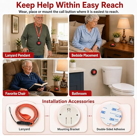 CallToU Caregiver Pager Wireless Call Button for Elderly at Home, 500+ ft Open Area Long Range Through Walls, 2 Plug-in Receivers and 2 Waterproof SOS Buttons, No WiFi
