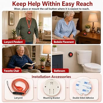 CallToU Caregiver Pager Wireless Call Button for Elderly at Home, 500+ ft Open Area Long Range Through Walls, 2 Plug-in Receivers and 2 Waterproof SOS Buttons, No WiFi