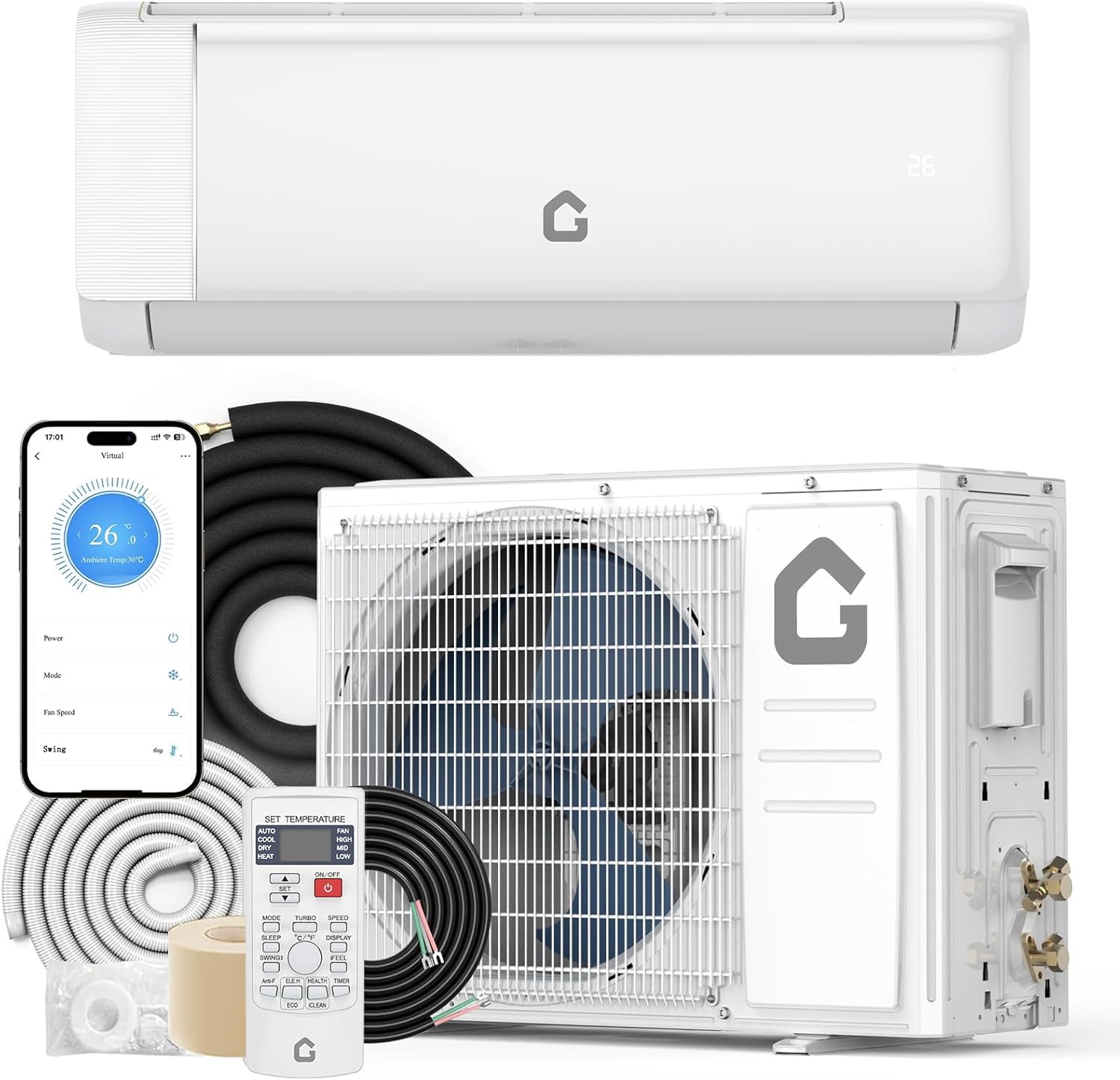 GarveeHome 12000 BTU Inverter Split System Air Conditioners, 22 SEER2 Mini Split AC/Heating System, Ductless Heat Pump Wall Mount AC Unit Cool Up to 750 Sq. Ft, Installation Kits, 115V