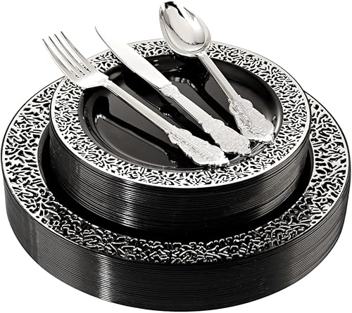 WELLIFE Vajilla de plástico negro de 125 piezas, juego de cubiertos desechables de plástico, incluye 25 platos llanos, 25 platos de postre, 25