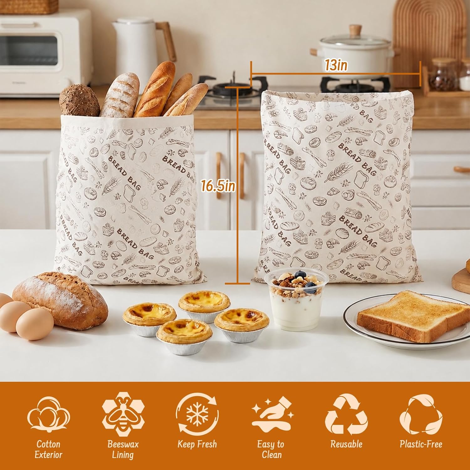 2-Pack Reusable Beeswax Bread Bags for Sourdough & HomemadeBread with Zipper, 16.5 x 13 inch bread bags for Food Storage thumbnail