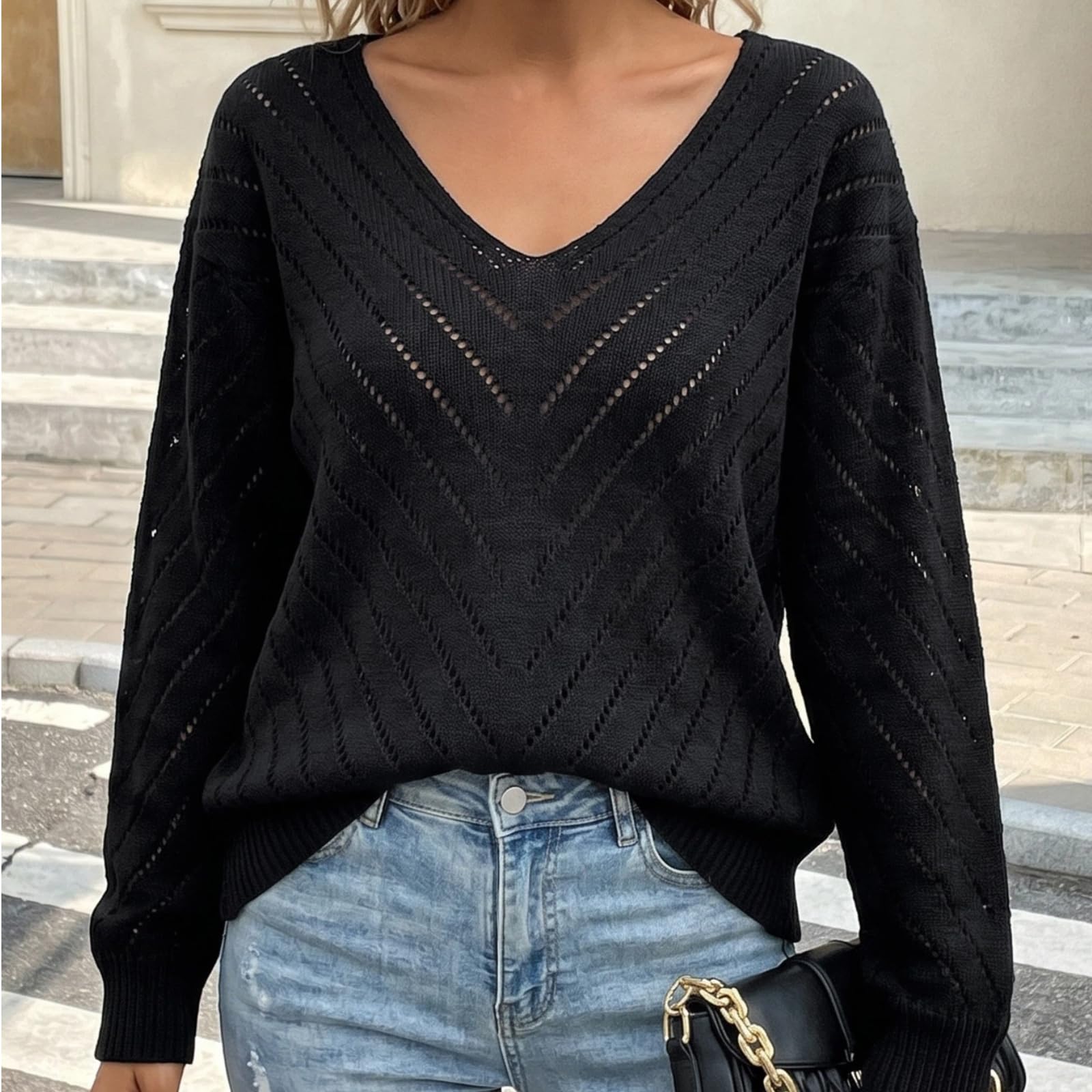 Maglione Donna Scollo V Traforato Spalla Caduta Casual