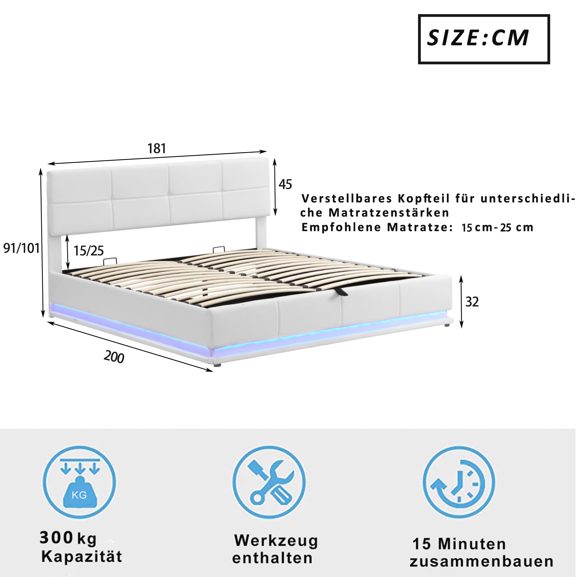 Merax Cama acolchada hidráulica de 180 x 200 cm, con espacio de almacenamiento, cama con iluminación LED, para jóvenes, adultos, piel sintética, color blanco (sin colchón)