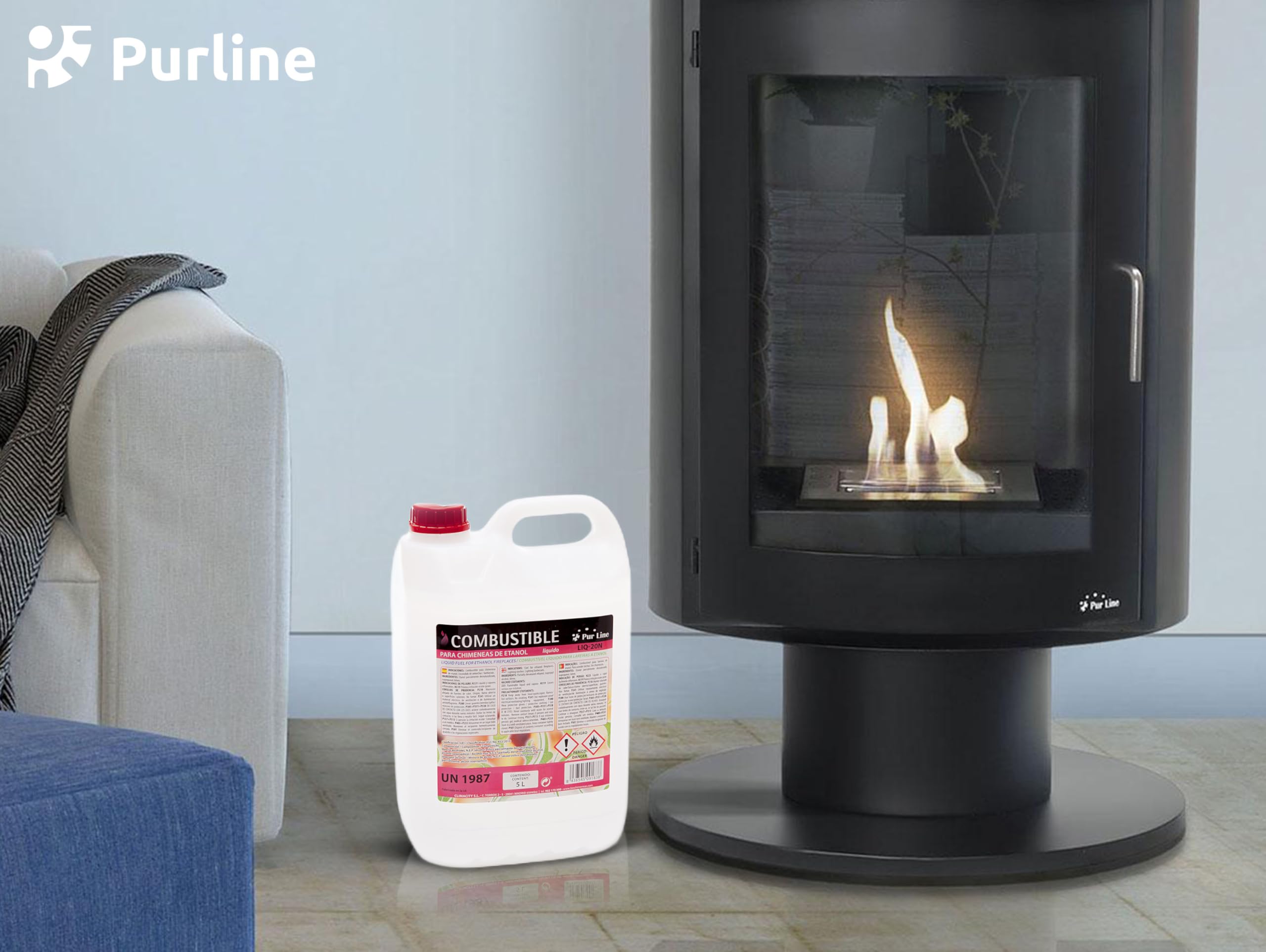 PUR LINE | Bioetanol 5L 96% Combustible para Chimeneas y Estufas, Sin Humo y Alta Combustión - Bioetanol Líquido para Biochimeneas, Quemadores y Uso Interior/Exterior
