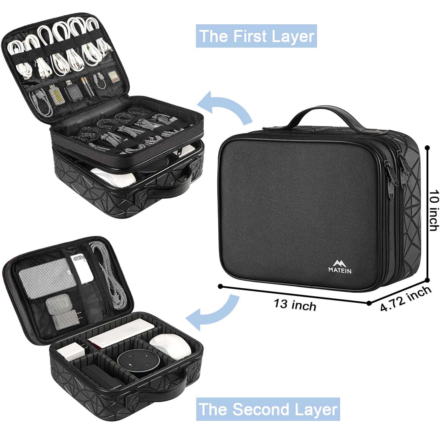 MATEIN Cord Organizer Case with Adjustable Divider, DJ Cable File Bag for DJ Gear, Sound Instrument and Music Equipment Accessories, Shockproof Portable Double Layer Cord Bags, Black