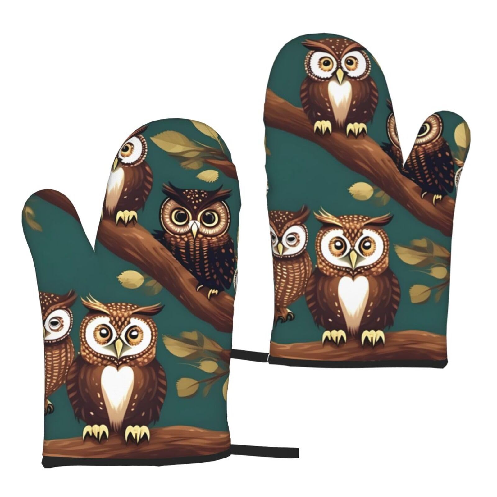 Nimongt Women's Black Many Owls On Tree Branches Print Adults Universal Fit Heat Resistant Oven Gloves Reusable Cooking Outdoor Grilling