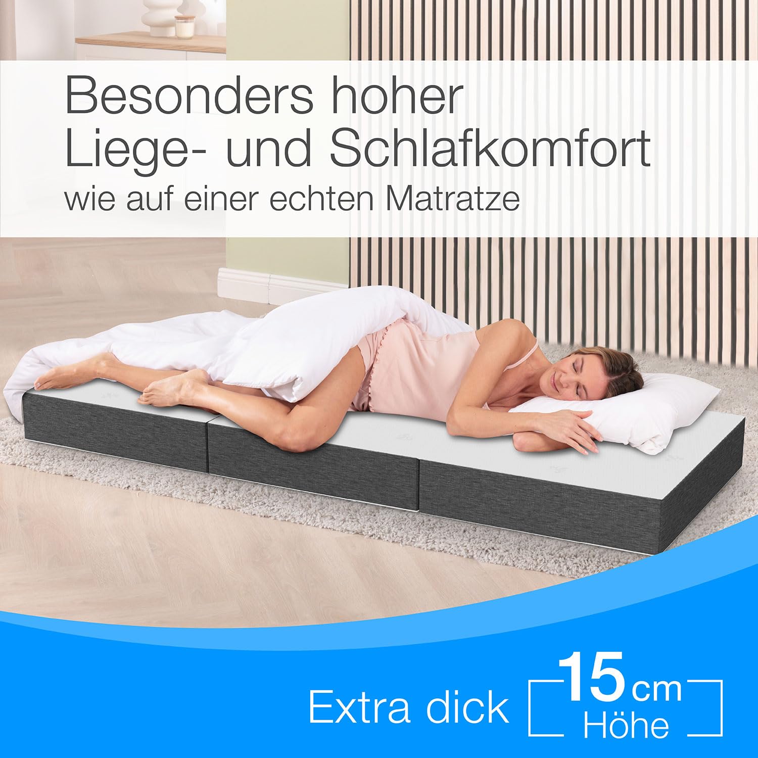 ELONEO Premium Visco Klappmatratze 90x200 cm, extra hoch 15 cm, Gästematratze klappbar, Faltmatratze, Faltbare Matratze, Bandscheibenwürfel, Reisematratze, Gästebett klappbar, Klappbett waschbar