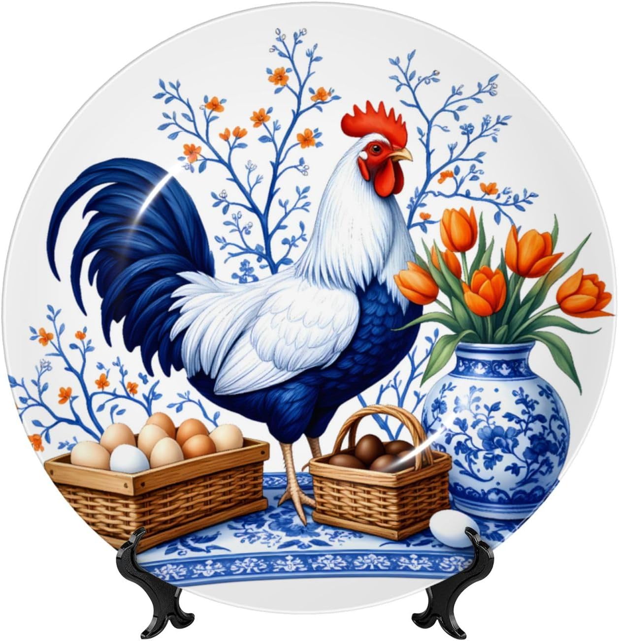 Egg Basket Rooster Vase Style Ceramic Plate Display Decorative Plate With Stand Wall Hanging Plate For Home Decor 10 Inch
