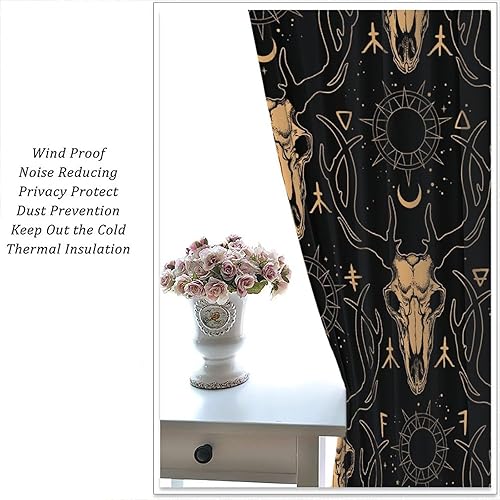 Vista 109 de Cortinas de cabeza de cabra, misteriosa cabeza de cabra malvada, calavera negra, bolsillo para barra, cortinas opacas para ventana, juego de 2