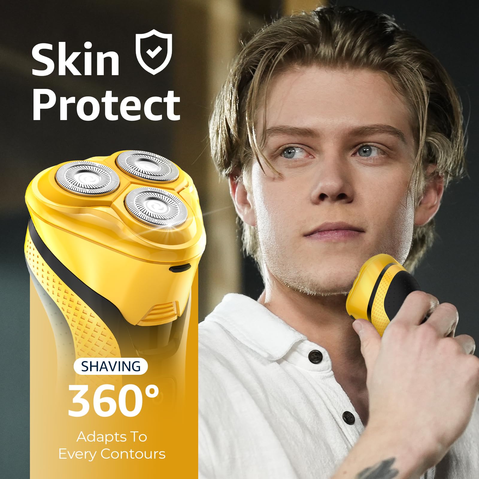 rategist Maquinilla de afeitar eléctrica recargable para hombres: afeitadora 3 en 1 para barba/nariz/patillas - Kit de viaje impermeable IPX7 - Cuchillas de velocidad turbo y precisión, color amarillo