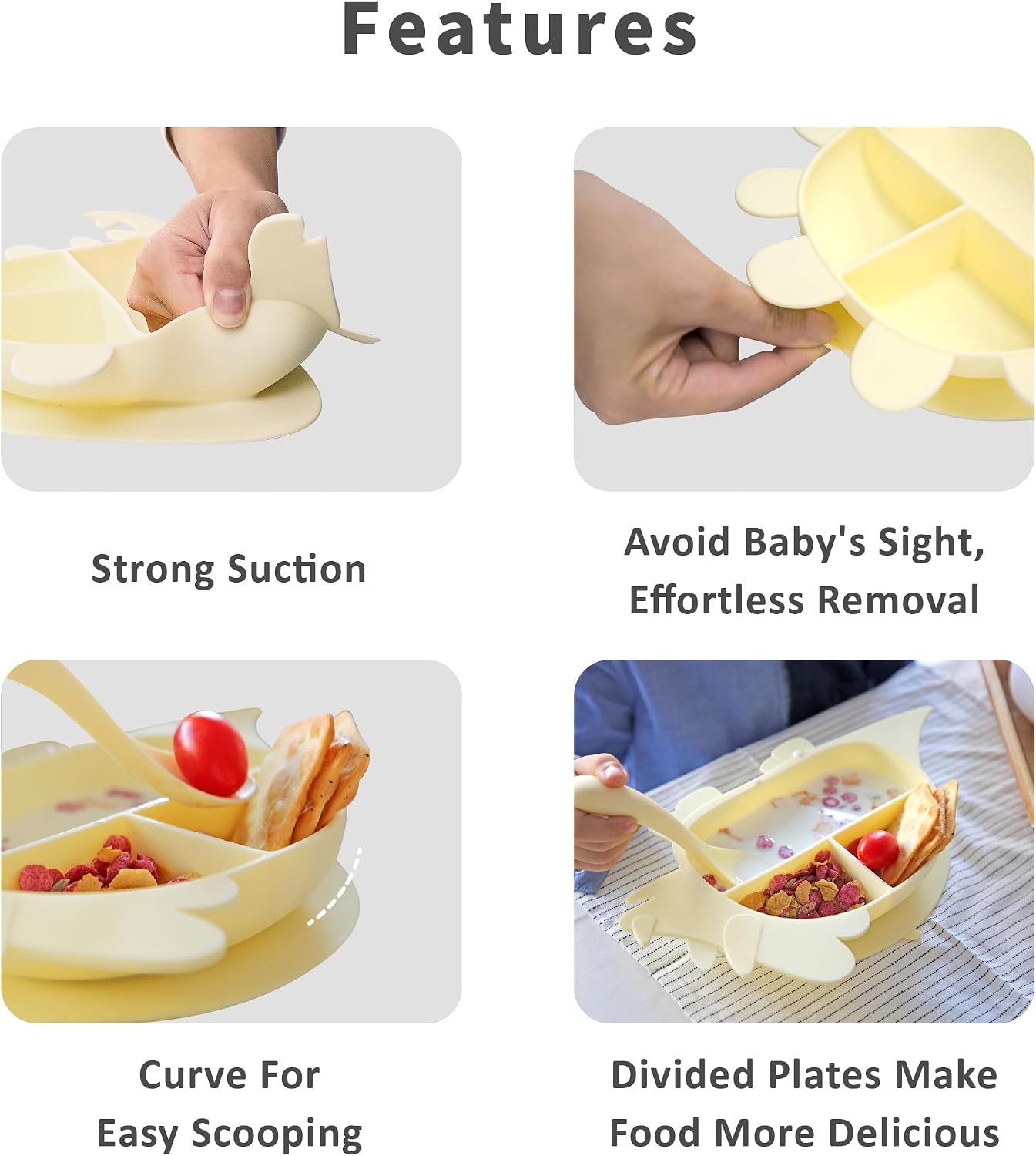 Silicone Baby Plate with Strong Suction – Toddler Suction Plate, Divided Baby Plate, Heat-Resistant & Unbreakable, BPA-Free, Food-Grade Silicone, Dishwasher Safe — Lemon Yellow, Triceratops