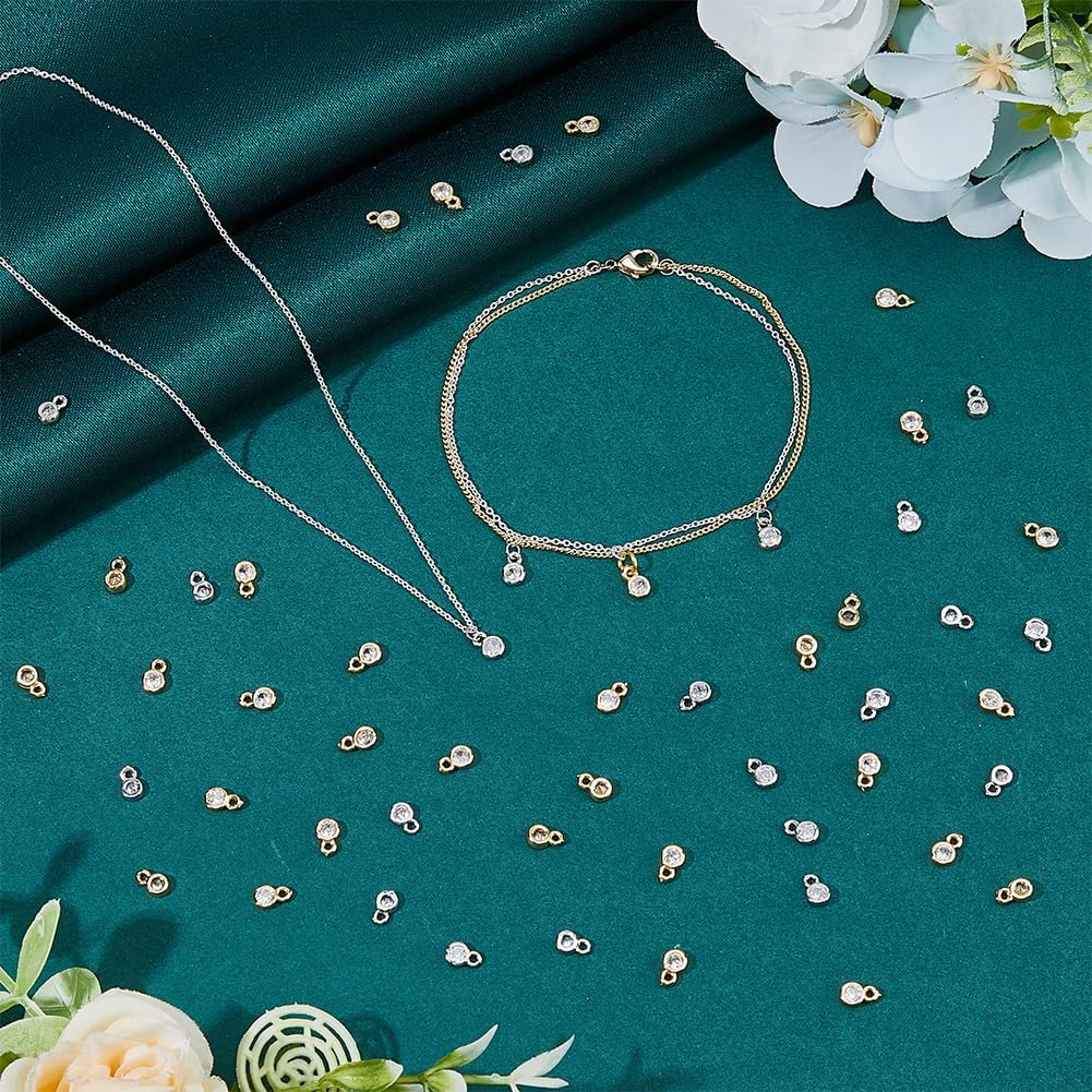 SUPERFINDINGS 80Pcs 2 Colors Bulk Cubic Zirconia Charms Brass Flat Round Pendants Rhinestone Crystal Platium Charms Golden Earring Bracelet Necklace Supplies for DIY Craft Jewelry Making - Image 4