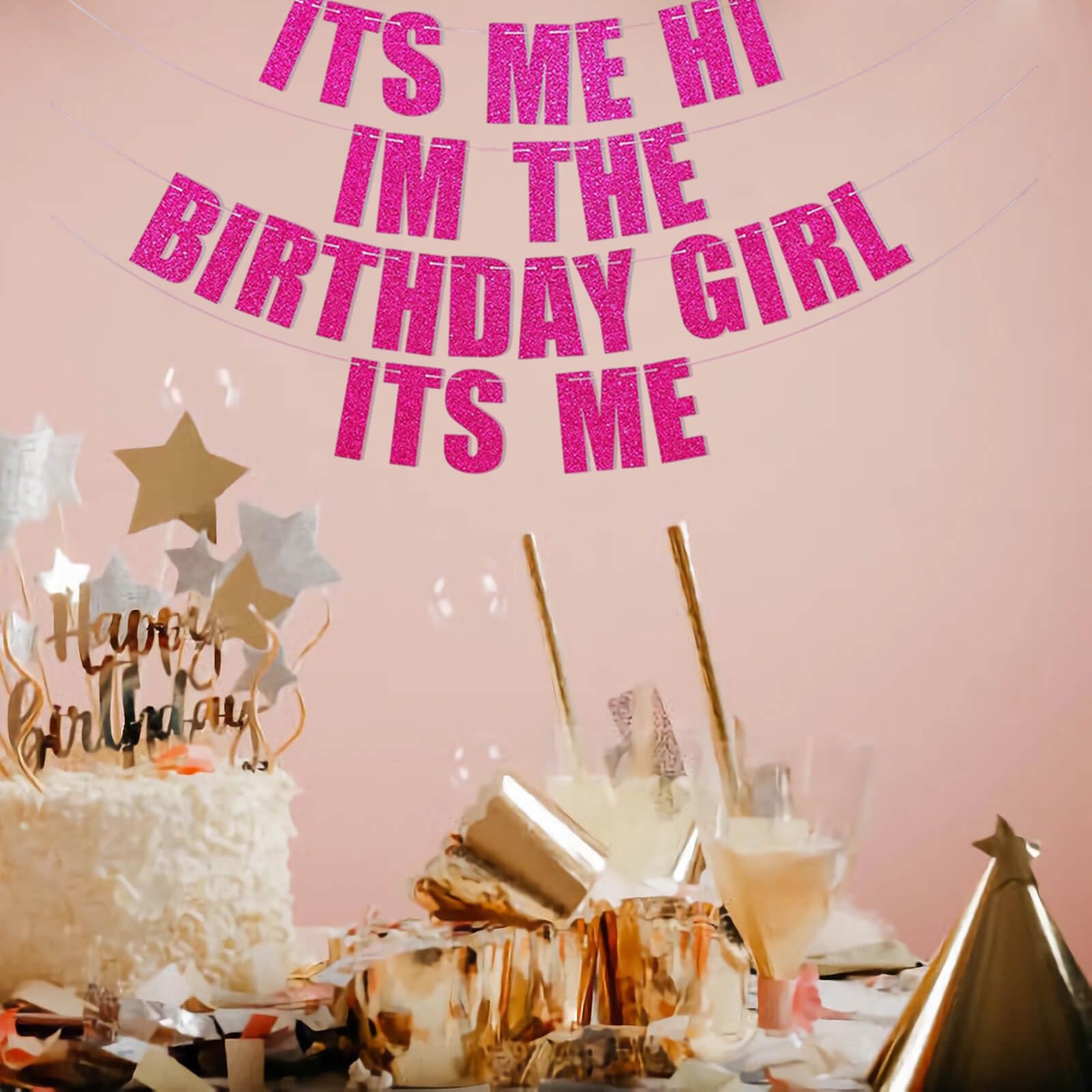 "It's Me Hi I'm The Birthday Girl" Banner - Hot Pink Glitter Party Decorations With Disco Balls