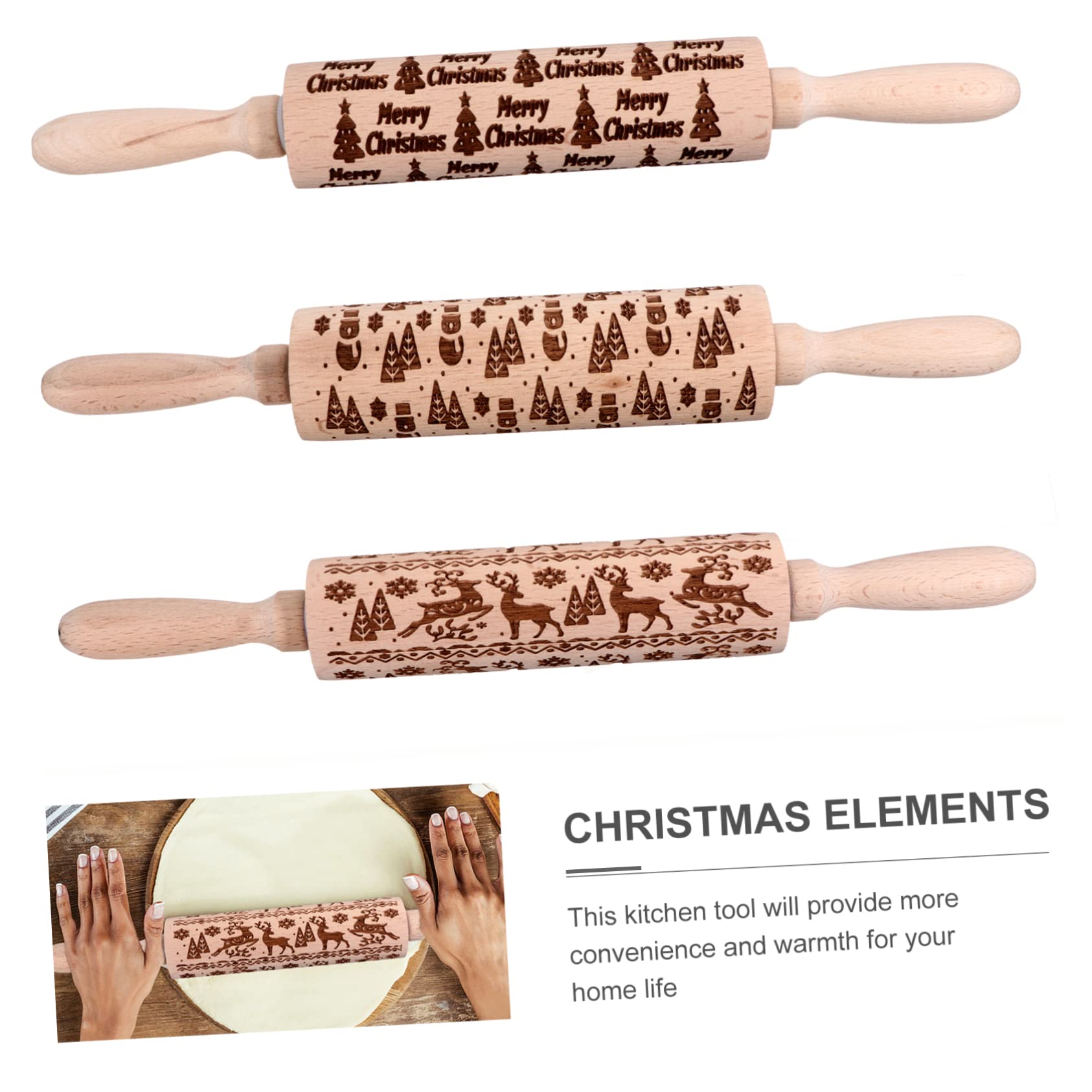 CHILDWEET 3piezas Rodillo De Cocina Para Navidad Para Hornear Galletas y Fondant Herramienta De Repostería Diseño De Reno y Muñeco Para Decorar y Cocinar Festividades