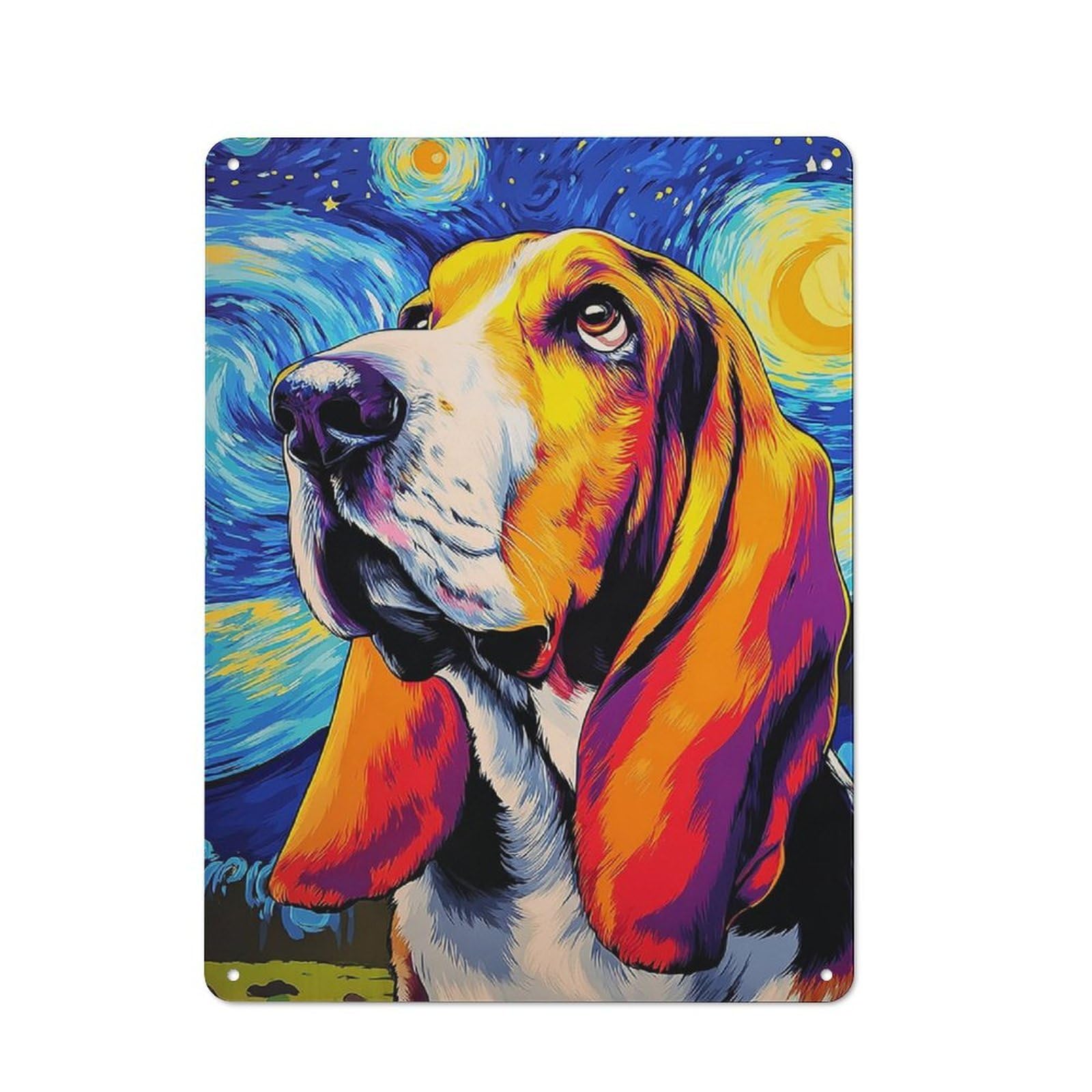Junmoney Starry Night Basset Hound -2 Modern Vintage Metal Desk Wall Sign 40X30cm, Office Wall Decor For Office, Study, Studio Or Hallway