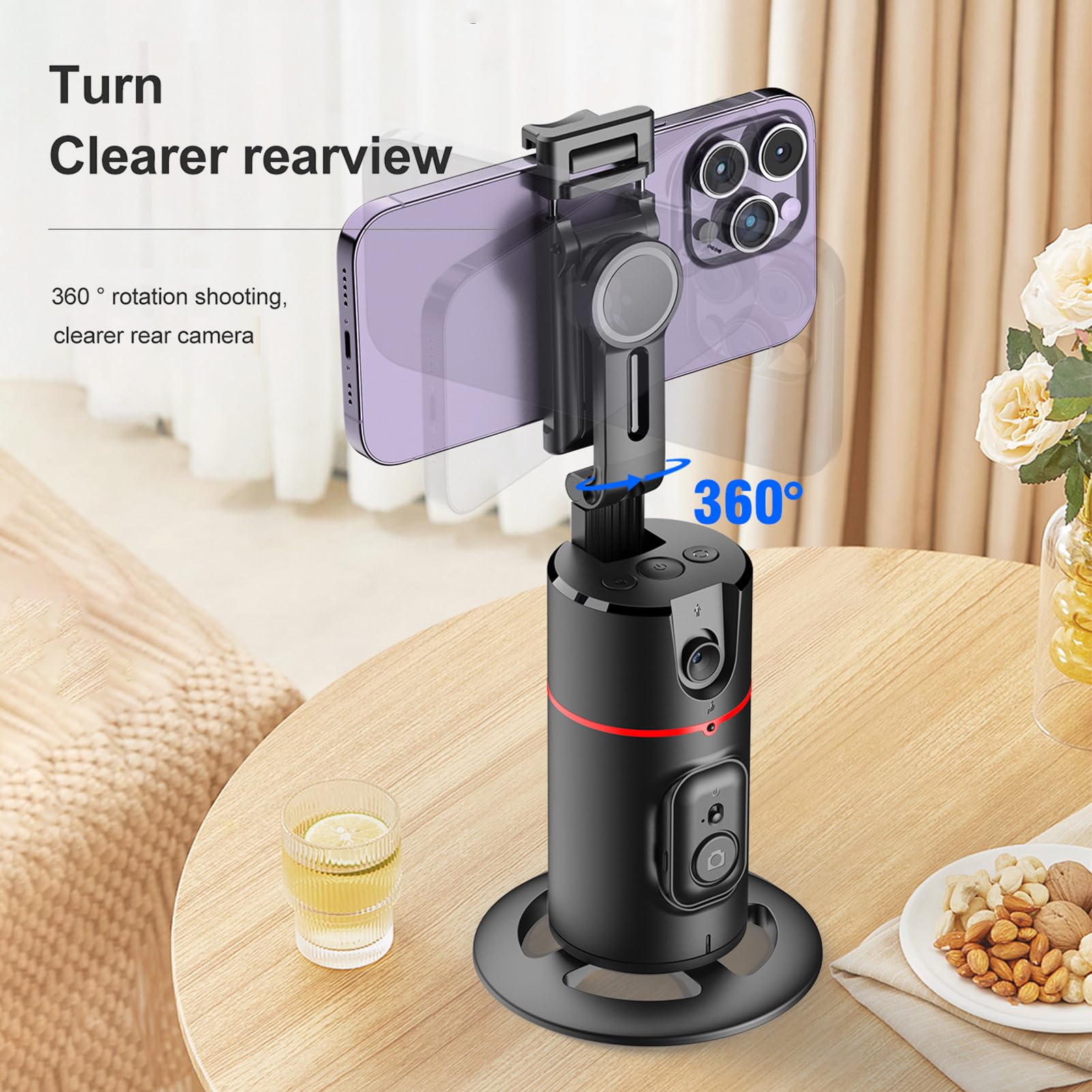 Andoer Trípode de seguimiento facial de coche, soporte para teléfono móvil inteligente con seguimiento de movimiento, rotación de 360°, clip para teléfono, tornillo de 1/4 pulgadas para vlog