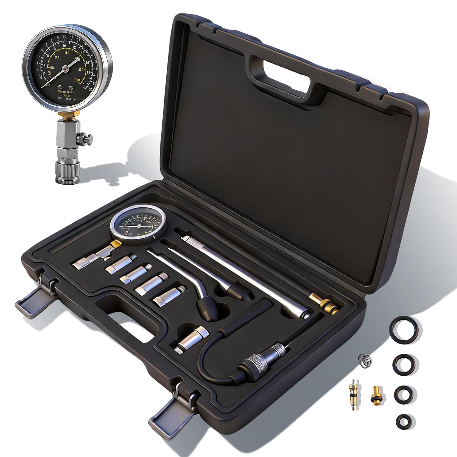 Professional 11-Piece Engine Compression Tester Kit with Spark Plug Tester, Adapters & Quick-Release Valve for Gasoline Car, Truck, Motorcycle, Lawn Mower