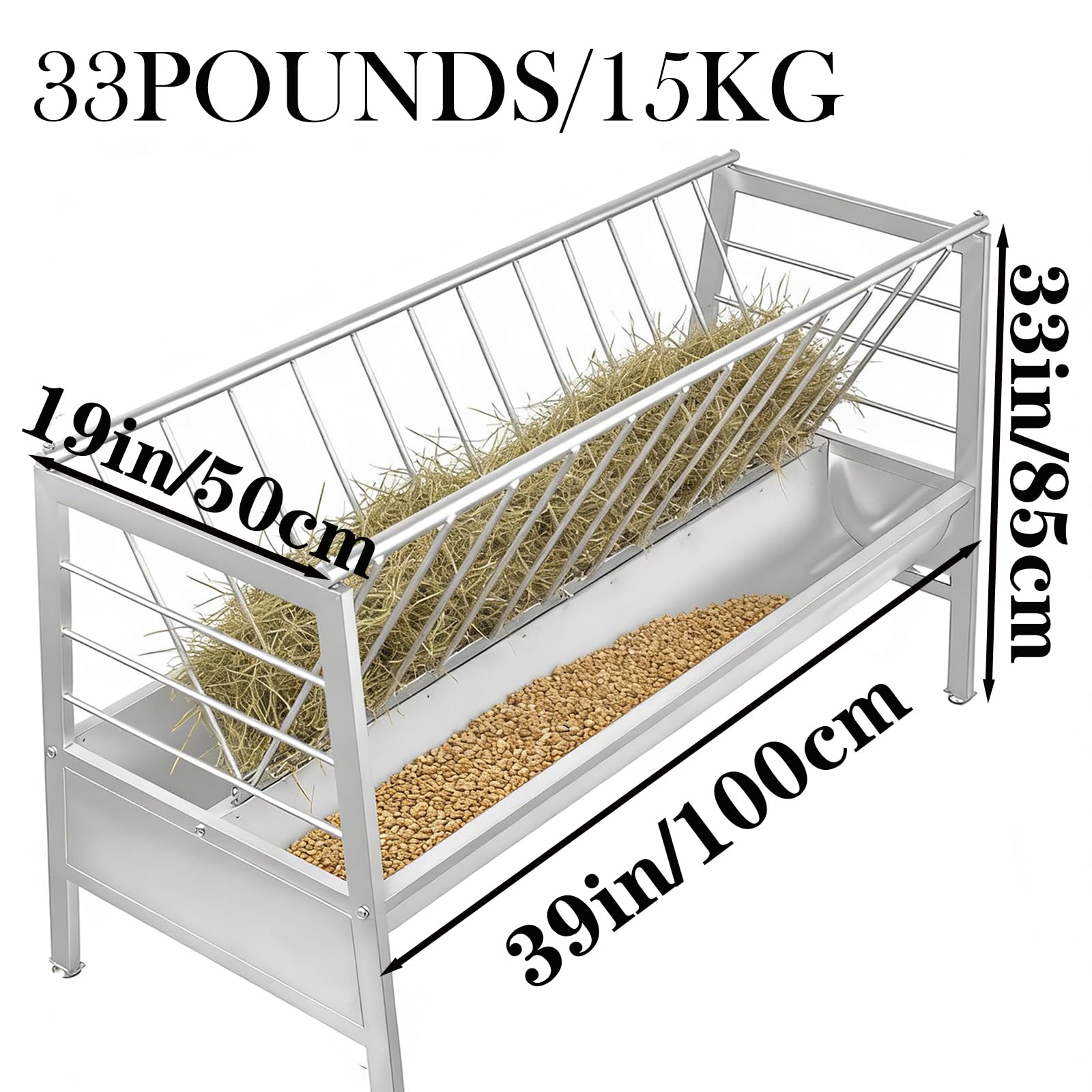 100cm / 150cm / 200cm Comedero De Heno Grande para Ganado, Comedero para Animales 2 en 1 comedero De Heno Y Granos, Acero Galvanizado, para Cabras, Caballos Y Ganado,Plata,100cm