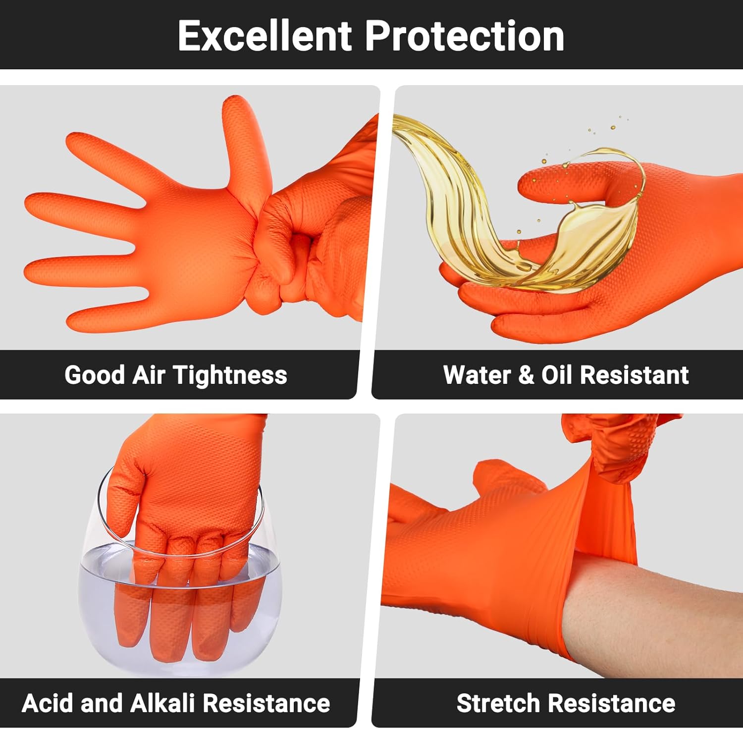 10 Mil Thick Chemical Resistant Orange Nitrile Gloves Large, 100 PCS Disposable Heavy Duty Mens Work Gloves with Grip for Women & Men Cleaning, Cooking, Gardening, Construction