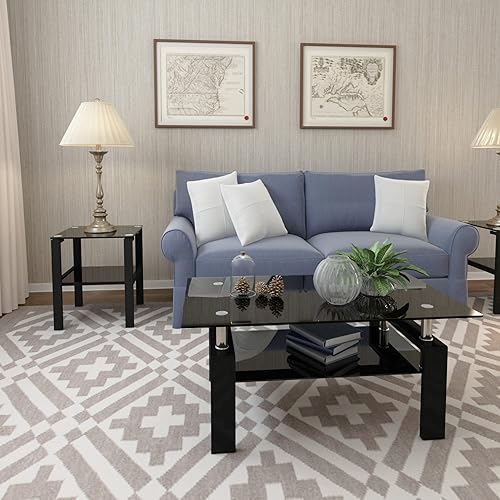 Miniatura 3 de Mesa de centro rectangular de vidrio para sala de estar, con mesa de vidrio templado y capa de MDF, para sala de estar y oficina (todo negro + Todo