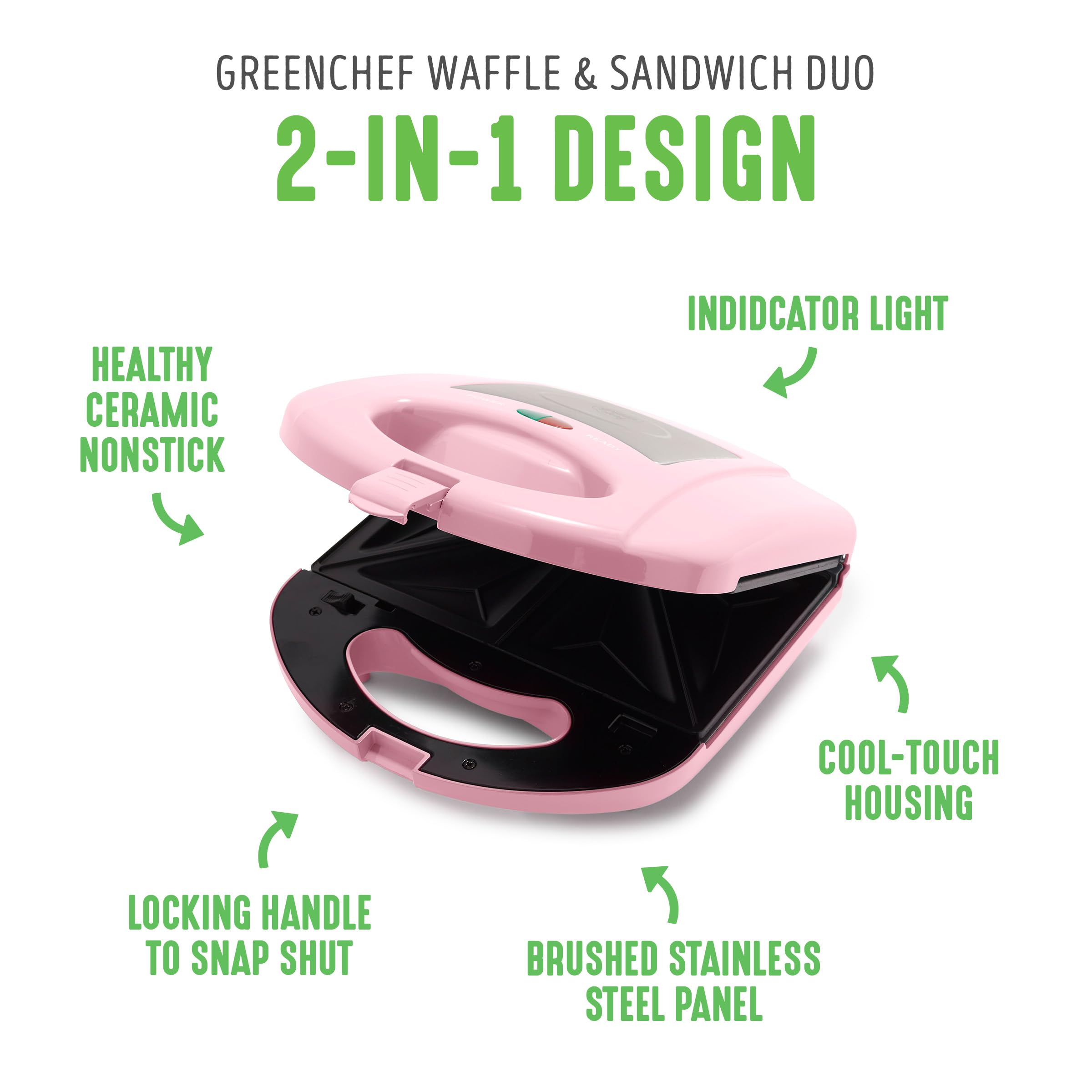 GreenChef Electric 3 in 1 Macchina per Panini, Waffle e Sandwich, Piastre in Ceramica Antiaderente Rimovibili, senza PFAS e BPA, Lavastoviglie, Multifunzione, Temperatura Controllata, Rosa