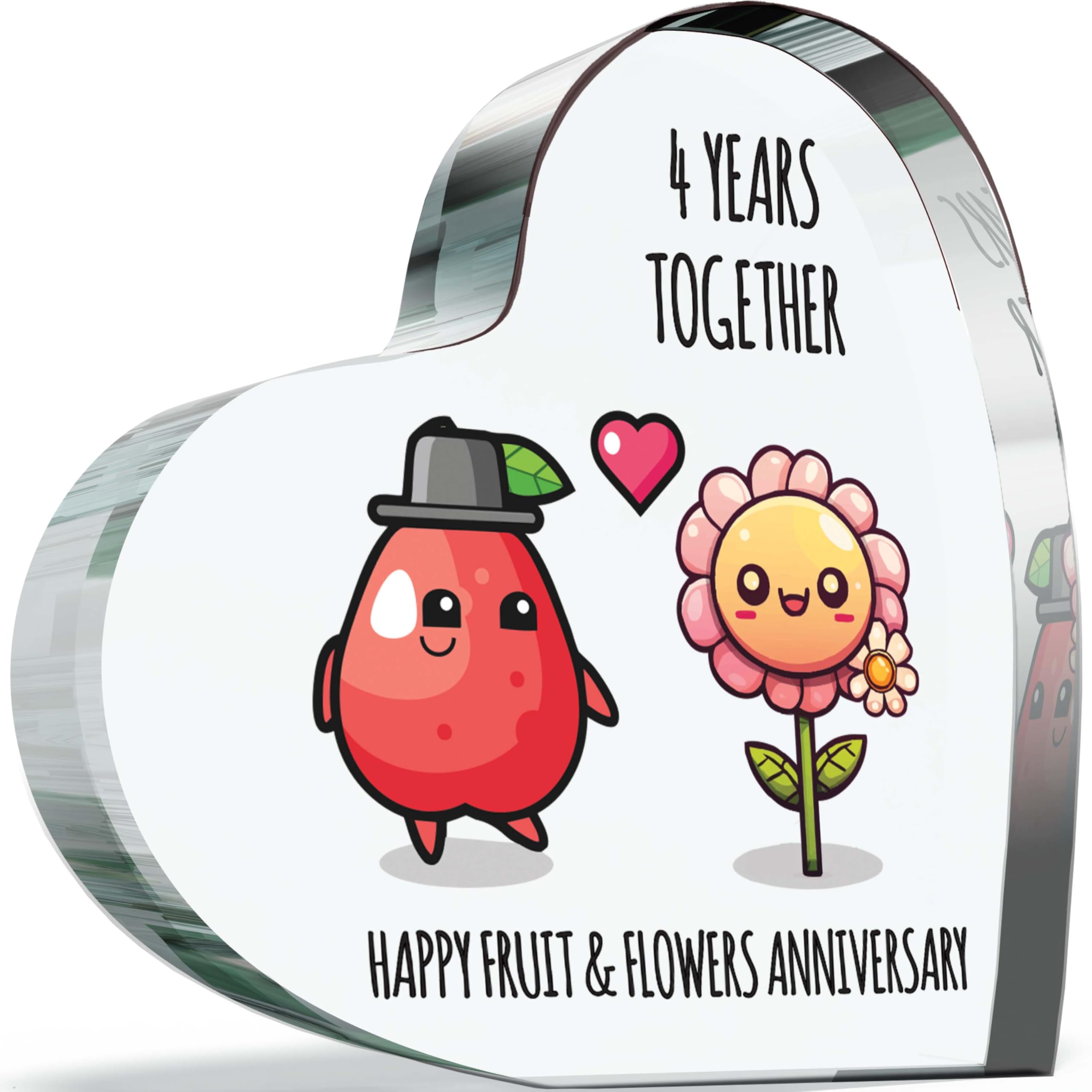 Giftzie Women's 04 4Th Anniversary Plaque Gifts For Wife Husband - Happy Fruit Flowers Anniversary - I Love You Romantic Acrylic Heart Gift For Men, 100Mm X 100Mm Present For Couples Fourth Wedding Anniversaries
