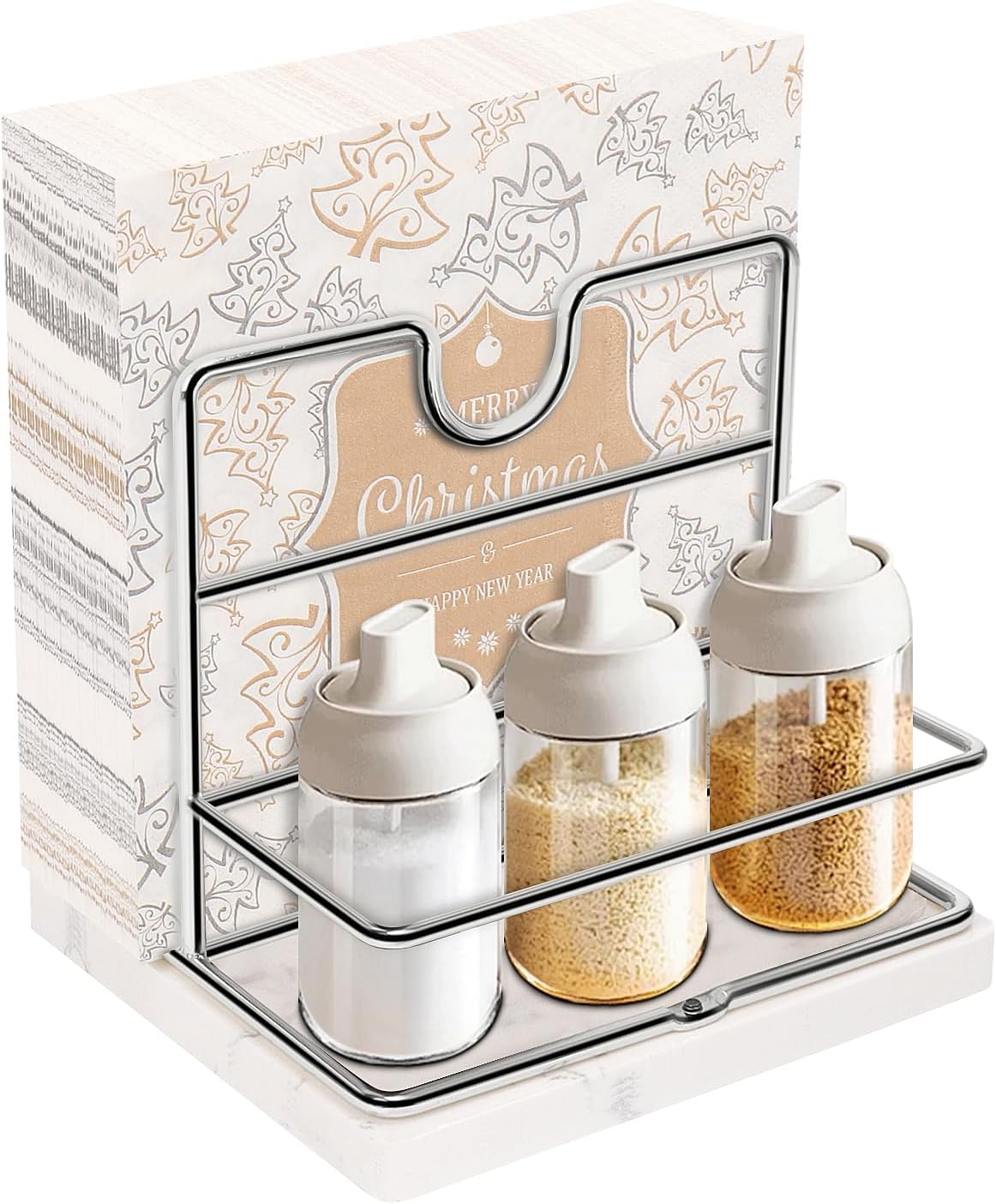 Livabber Napkin Holder, Metal Napkin Storage with Salt and Pepper Shakers Caddy Modern Napkin Dispenser for Table Kitchen Countertop, Not Including Salt and Pepper Shakers (Middle Marble, Chrome) Middle Marble Chrome