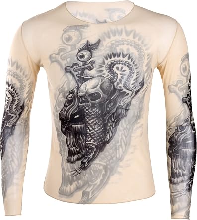 Mens Sports Long Sleeve Elastic Cycling Fitness T-Shirt Fake Tattoo Tribal Inspired Print Tops