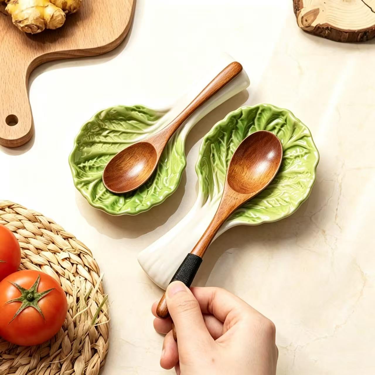 2 Pack Ceramic Spoon Rest, Cute Chinese Cabbage (Bok Choy) Shaped Utensil Holder, Heat Resistant for Stove Top & Kitchen Counter, Kitchen Decor, Ideal Housewarming Birthday Gift