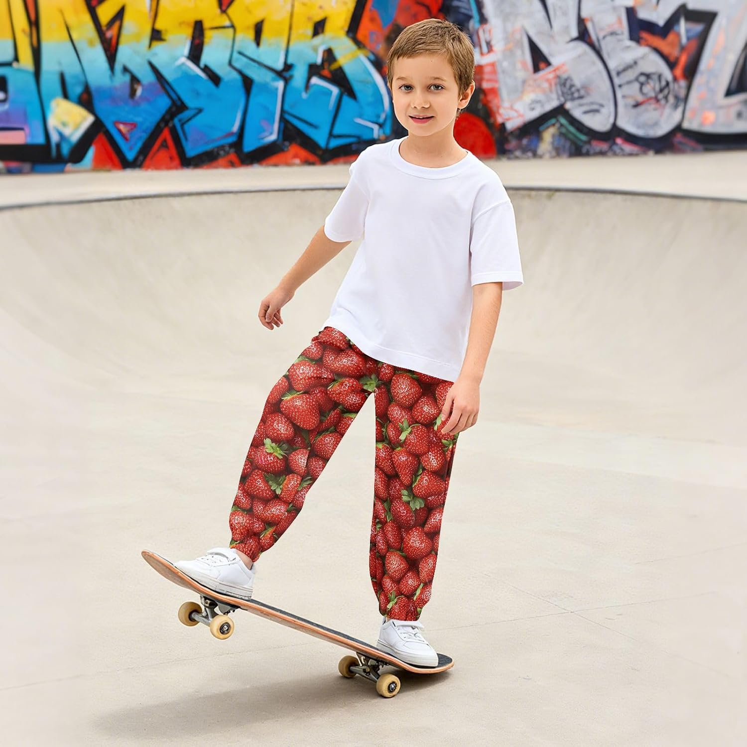 Boy Sweatpants Strawberry Fruits Red Joggers Casual Athletic Pants Kids Elastic Waist Cuffed with Pockets