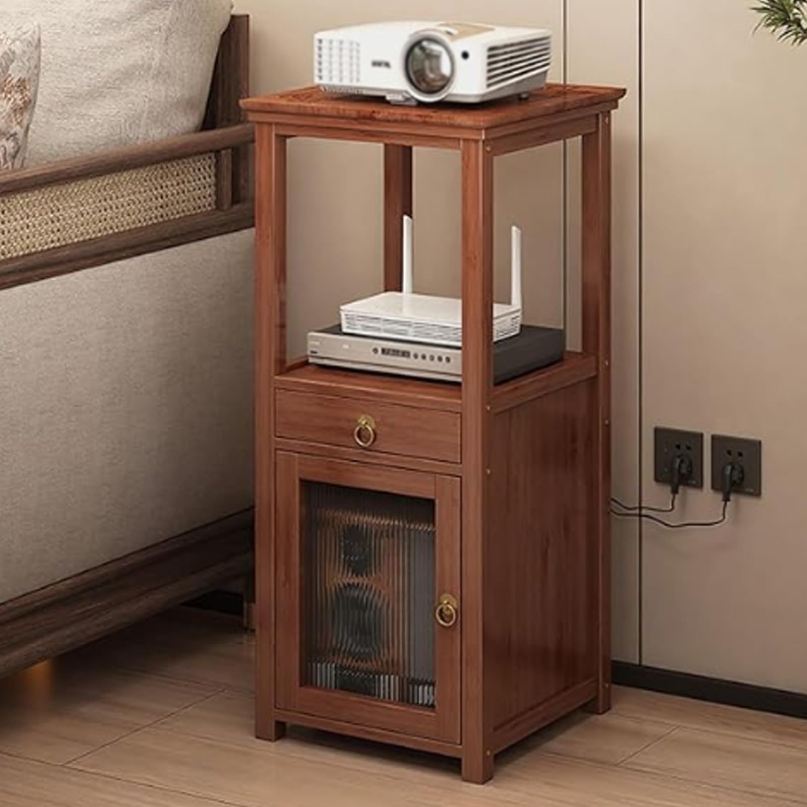 Armadietto portaoggetti per router WiFi, in bambù, organizer per nascondiglio e modem, per la gestione dei cavi della ciabatta, per la casa (marrone, altezza 85 cm)