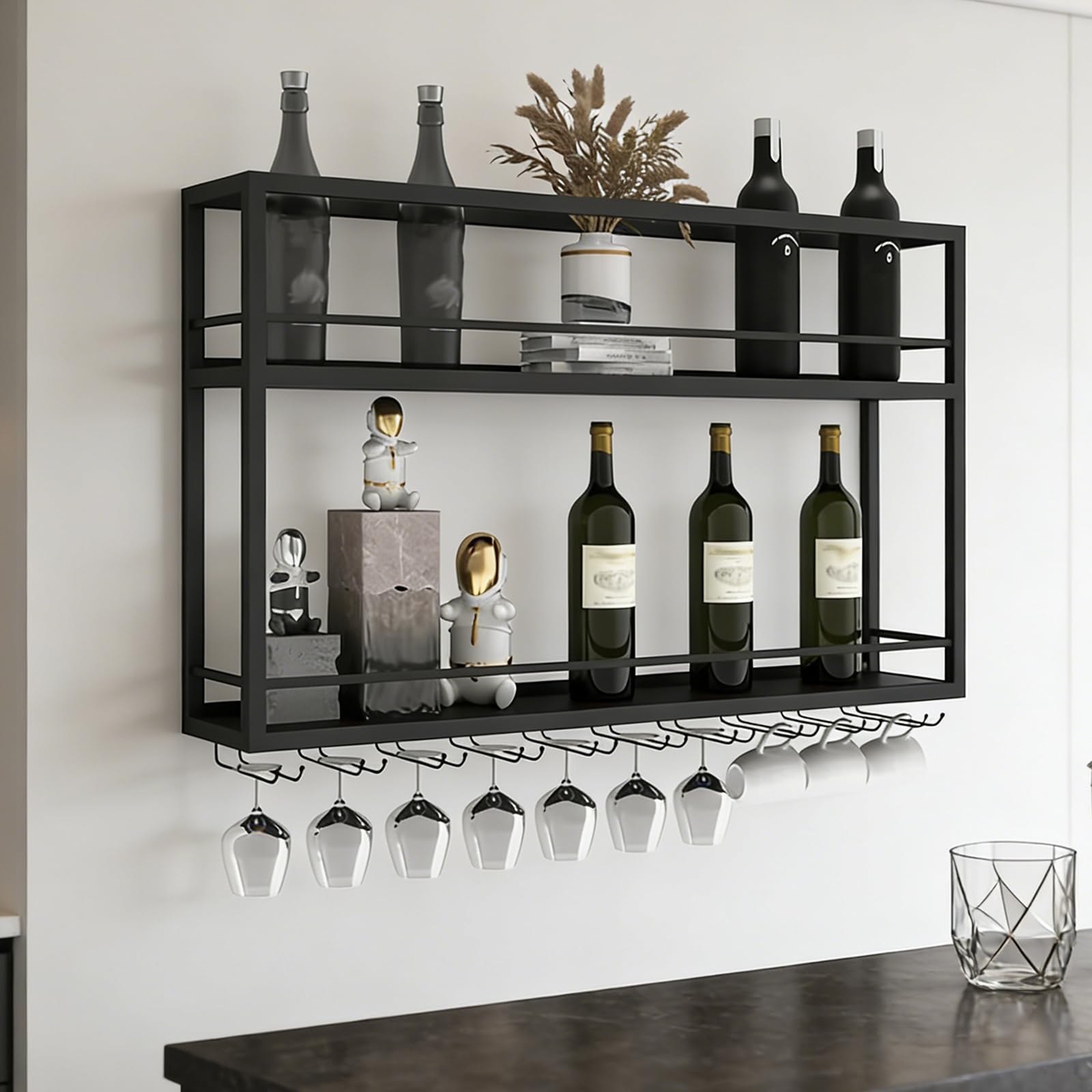 Botellero de Pared Industrial, Estante de Vino Decorativo con Portavasos para Copas, Soporte Para Botellas de Metal, Estante Multi Funcional para Vino para Hogar Bar Comedor Cocina (140×20×65cm)