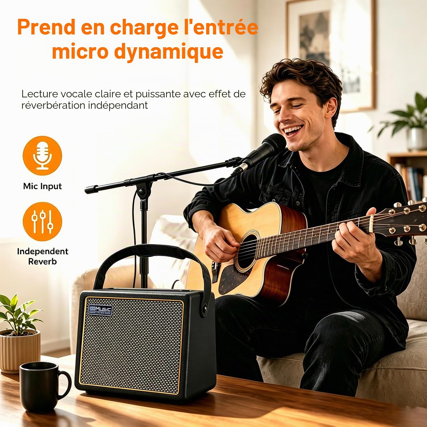 Coolmusic 30W Ampli Guitare Electrique Acoustique BT Portable Ampli Guitare Haut-Parleur avec Entrée Microphone Prise en Charge du Volume des Basses Contrôle des Aigus Effet de Réverbération