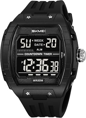 Mens Digital Large Dial Outdoor Sports EL Backlight Tonneau Watch Alarm Countdown Timer Waterproof 31MM Silicone Band Wristwatch