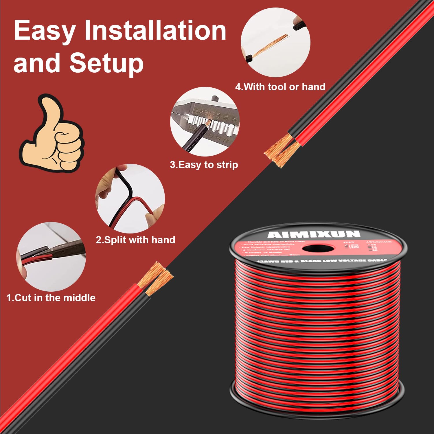 AIMIXUN 14 Gauge Wire Electrical 50FT, Red and Black Cable 12V 14 AWG Wire 2 Conductor Parallel Wire Line Hookup LED Lighting Strips Flexible Wire Extension Cord 14 Gauge Stranded Wire 12V/24V
