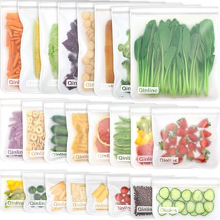 Qinline Reusable Food Storage Bags - 24 Pack BPA FREE Freezer Bags(8 Reusable Gallon Bags + 8 Leakproof Reusable Sandwich Bags + 8 Food Grade Snack Bags) EXTRA THICK Reusbale Lunch Bag for Salad Fruit