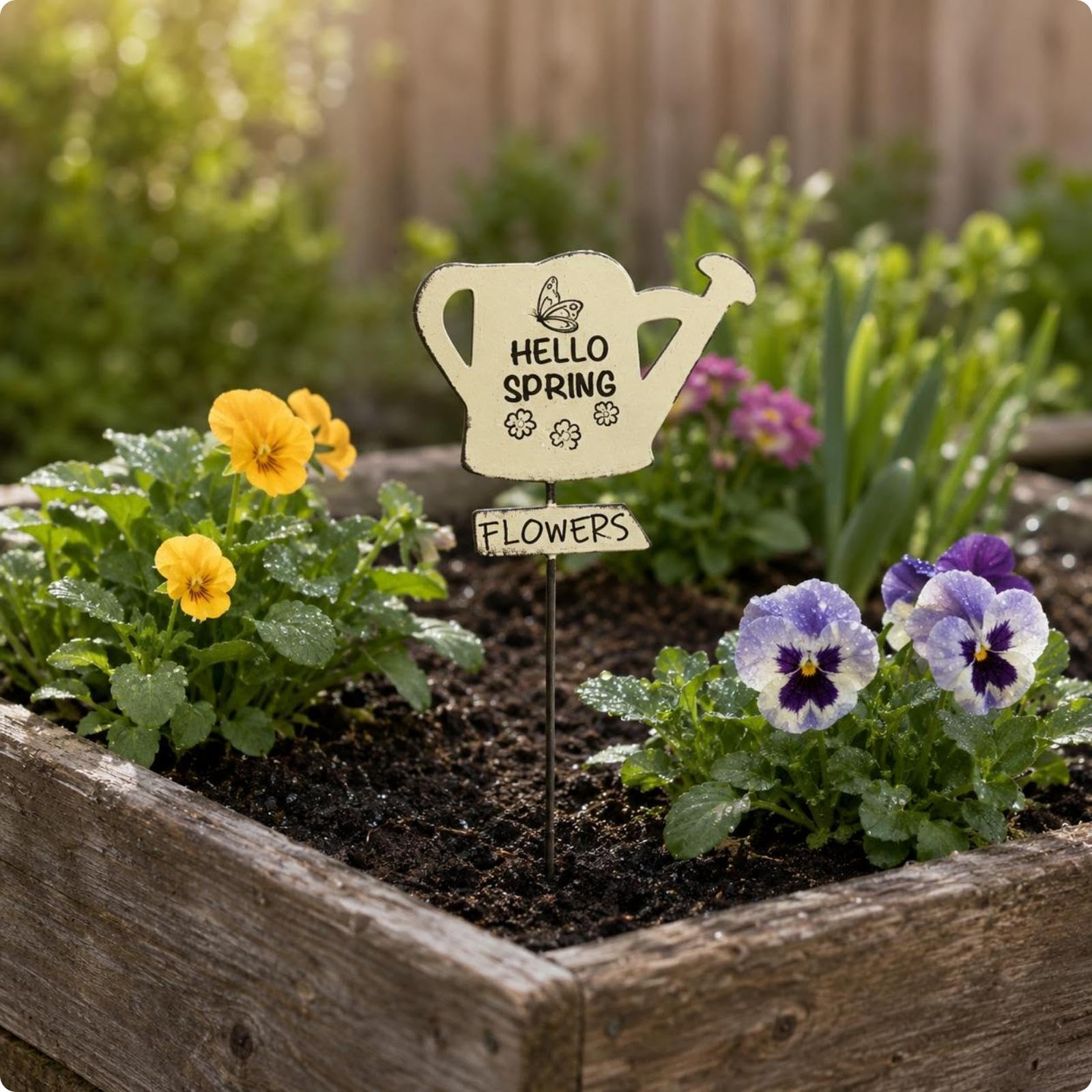 Watering Can Stake Distressed Spring Sign Stake Weathered Metal Watering Can Decor-image-9