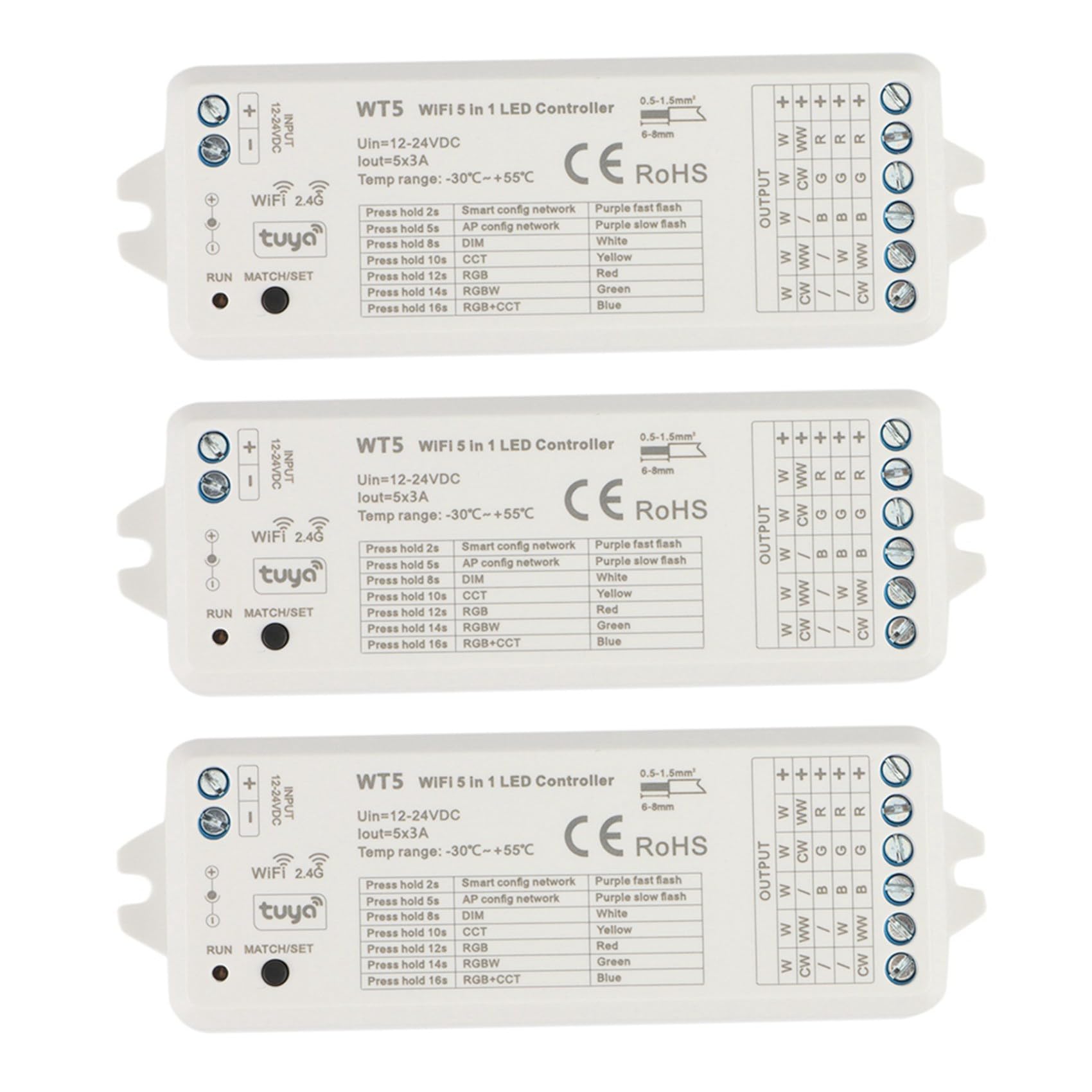 Jnchdghwa 3X Tuya LED Controller 5 in 1 Dimmer CCT RGB RGBW RGBWW RGBCCT Strip Smart Life WiFi 2.4G Remote Controller 12-24V