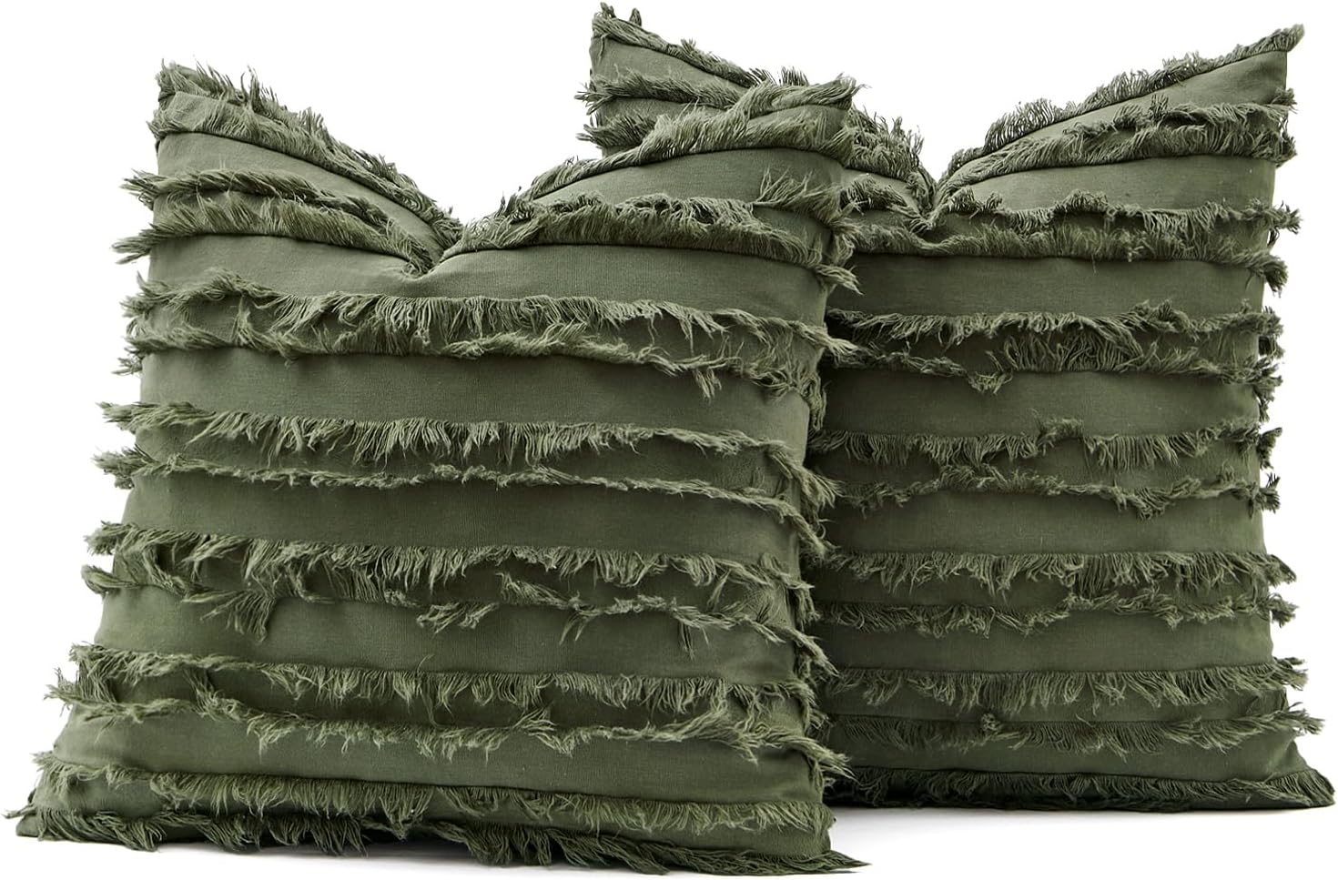 MIULEE Decorative Boho Throw Pillow Covers Set of 2 Dark Olive Green Linen Striped Jacquard Pattern Farmhouse Modern ​Cushion Covers for Sofa Couch Living Room Bedroom 20x20 Inch Home Decor
