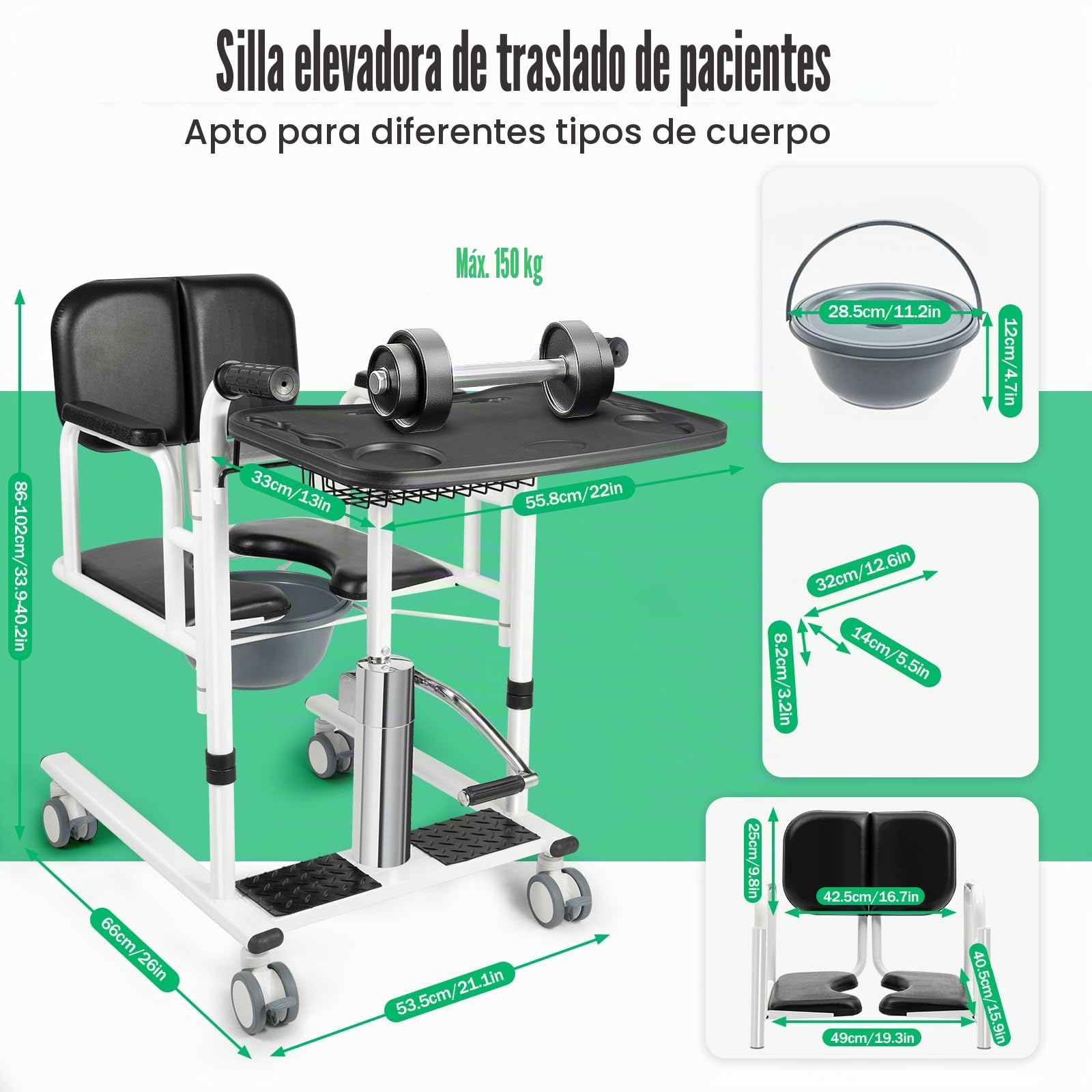 Asistencia de transferencia para pacientes, elevador de pacientes, silla de transferencia hidráulica, 150 kg, elevador hidráulico de pacientes, silla de transferencia para enfermos