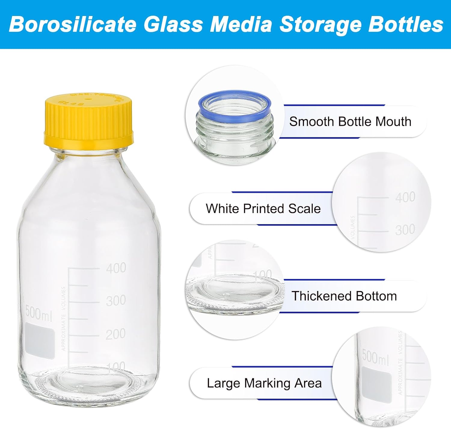 PATIKIL 4 Pack Reagent Media Storage Bottles, 500ml Borosilicate Glass Graduated Round Bottles with GL32 Yellow Screw Cap for Lab Water Reagent Liquids, Clear