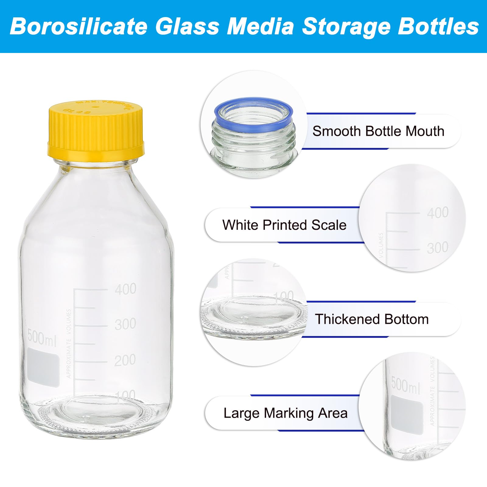 PATIKIL 12 Envases Para Almacenamiento De Medios Reactivos, 500ml Botellas Redondas Graduadas De Vidrio Borosilicato Con Tapa Amarilla GL32 Para Líquidos Reactivos De Laboratorio.